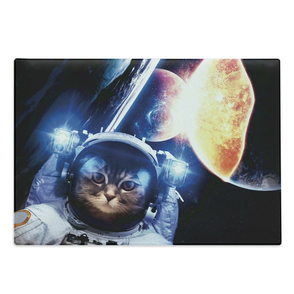Space Cat Cutting Board, Kitten in Suit Planets Nebula Supernova Eclipse Art Cosmos, Decorative Tempered Glass Cutting and Serving Board, Large Size, Dark Blue Orange, by Ambesonne
