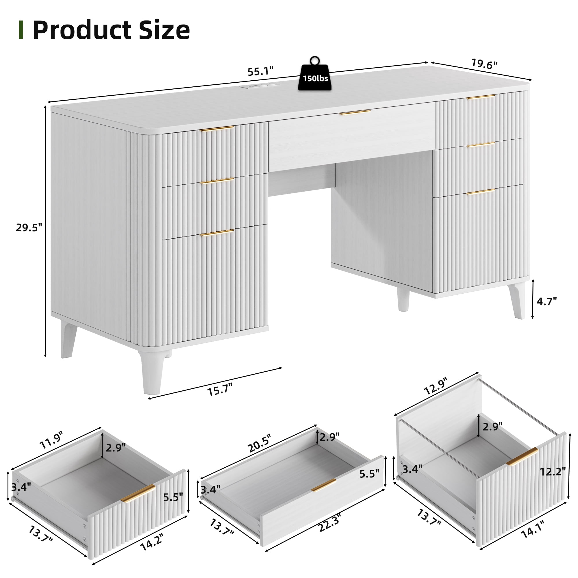 UGTOO White Modern 7-Drawer Desk with Power Strip – Home Office Storage & USB Charging Station (55.1" L x 19.6" W)