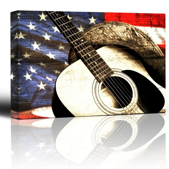 wall26 - Cowboy hat and Guitar on Patriotic Flag Background - Woodgrain Image Rustic Americana - Country and Western Music - Canvas Art Home Art - 16x24 inches