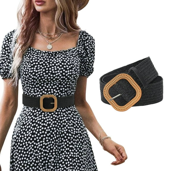 Black Women's Belts, Women Belt Straw Woven Elastic Stretch Wide Waist Belts For Dresses With Buckle,Women's Accessories Belt