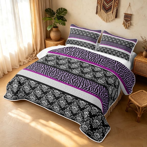 Erosebridal Baroque Damask Twin Quilt Set, Victorian Zebra Print Twin Coverlet Set, Black White Purple 2-Piece, 1 Bedspread and 1 Pillowcase