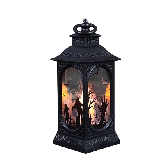 Luyimi Halloween Vintage Lantern Night Light, Black Retro Hanging Wind Lamp with Witch Pumpkin, Battery Operated Spooky Desktop Lamp for Halloween Party Table Mantel Indoor Home Decor Holiday Gift B