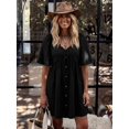thumbnail image 3 of Black V-Neck Lace Insert Boho Short Dress With Flutter Sleeves And Button, 3 of 30