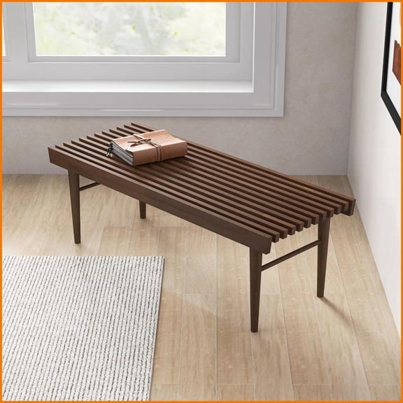 Mid-Century Modern Solid Wood Bench - Natural Walnut Stain for Living Room | Solid Wood | Walnut
