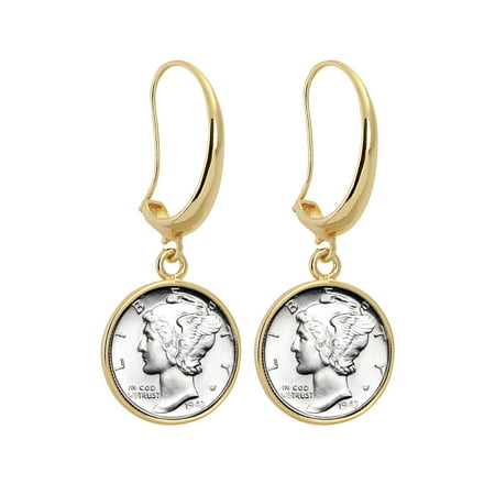 Silver Mercury Dime Gold Tone Coin Earrings