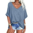 thumbnail image 3 of Summer Rolled Short Sleeve Women V-neck Solid Color Casual Loose T-shirt Tops, 3 of 7