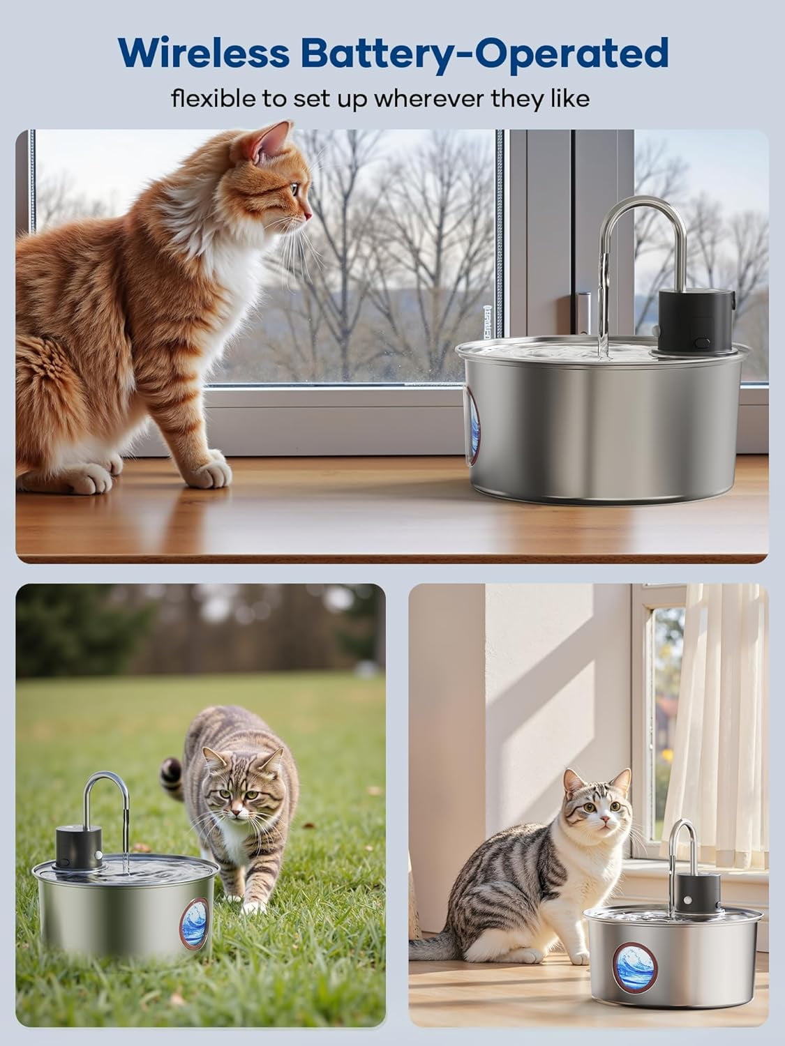 AGEETXT Wireless Cat Water Fountain with Motion Sensor, 108oz/3.2L Stainless Steel Automatic Pet Dispenser for Cats and Small Dogs, Rechargeable & Quiet
