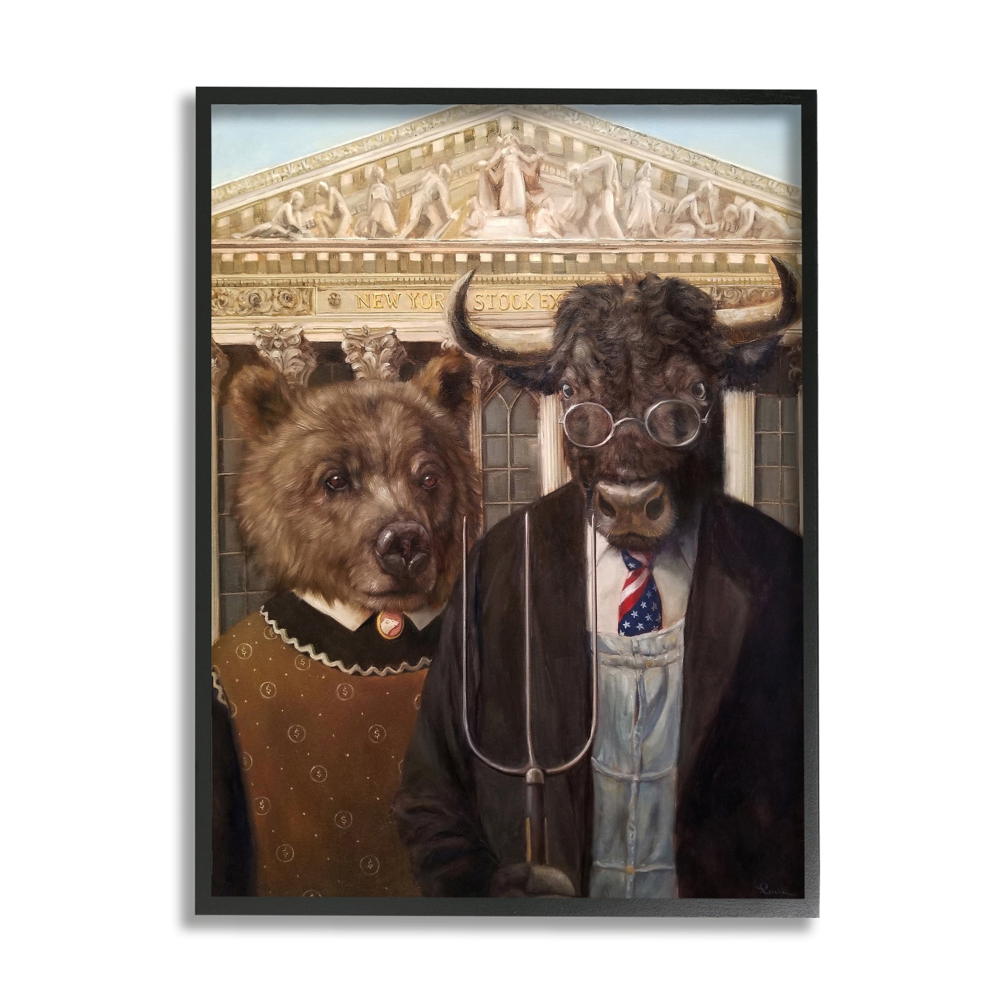 Stupell Industries American Gothic Stock Market Bull Bear Parody Gray Framed by Lucia Heffernan
