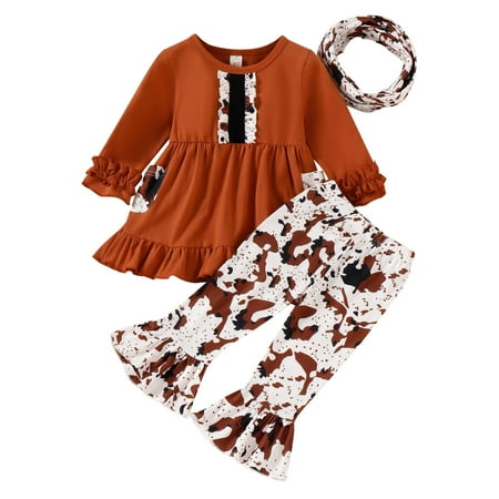 

ZHAGHMIN 3T Girls Outfits Toddler Girls Long Sleeve Ruffles T Shirt Pullover Tops Leopard Printed Bell Bottoms Pants Scarf Kids Outfits I Woke Up This Cute Baby Bundle Set Checkerboard Outfit Set Ba