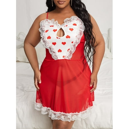 

Women s Plus Heart Pattern Contrast Lace Mesh Maid Costume Dress With Thong 2022 Red and White A044W