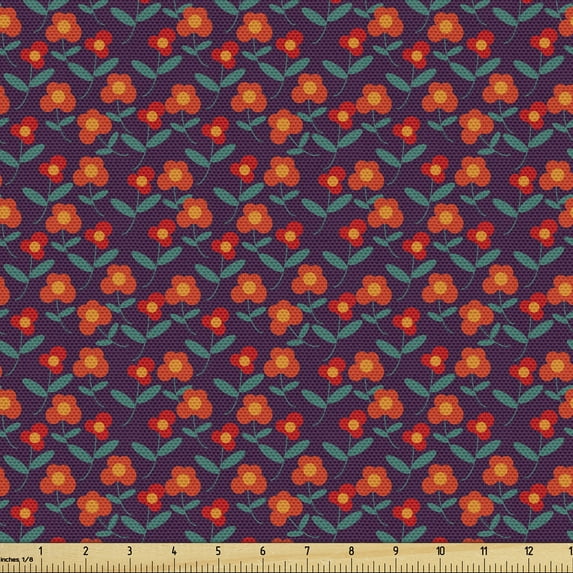 Garden Fabric by the Yard, Daisy Flowers Meadow Blossoming Colorful Floral Rural Cartoon, Decorative Upholstery Fabric for Chairs & Home Accents, Burnt Orange Teal and Purple by Ambesonne