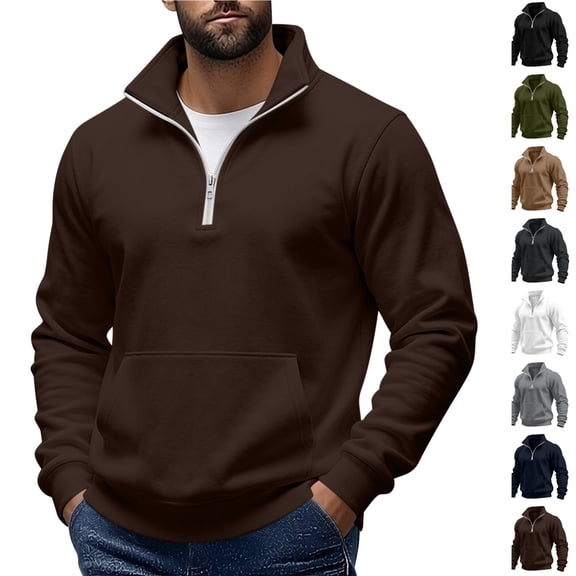 Men's Quarter Zip Fleece Pullover Sweatshirt, Ghalytn Stand Collar Long Sleeve Sweat Top with Kangaroo Pocket