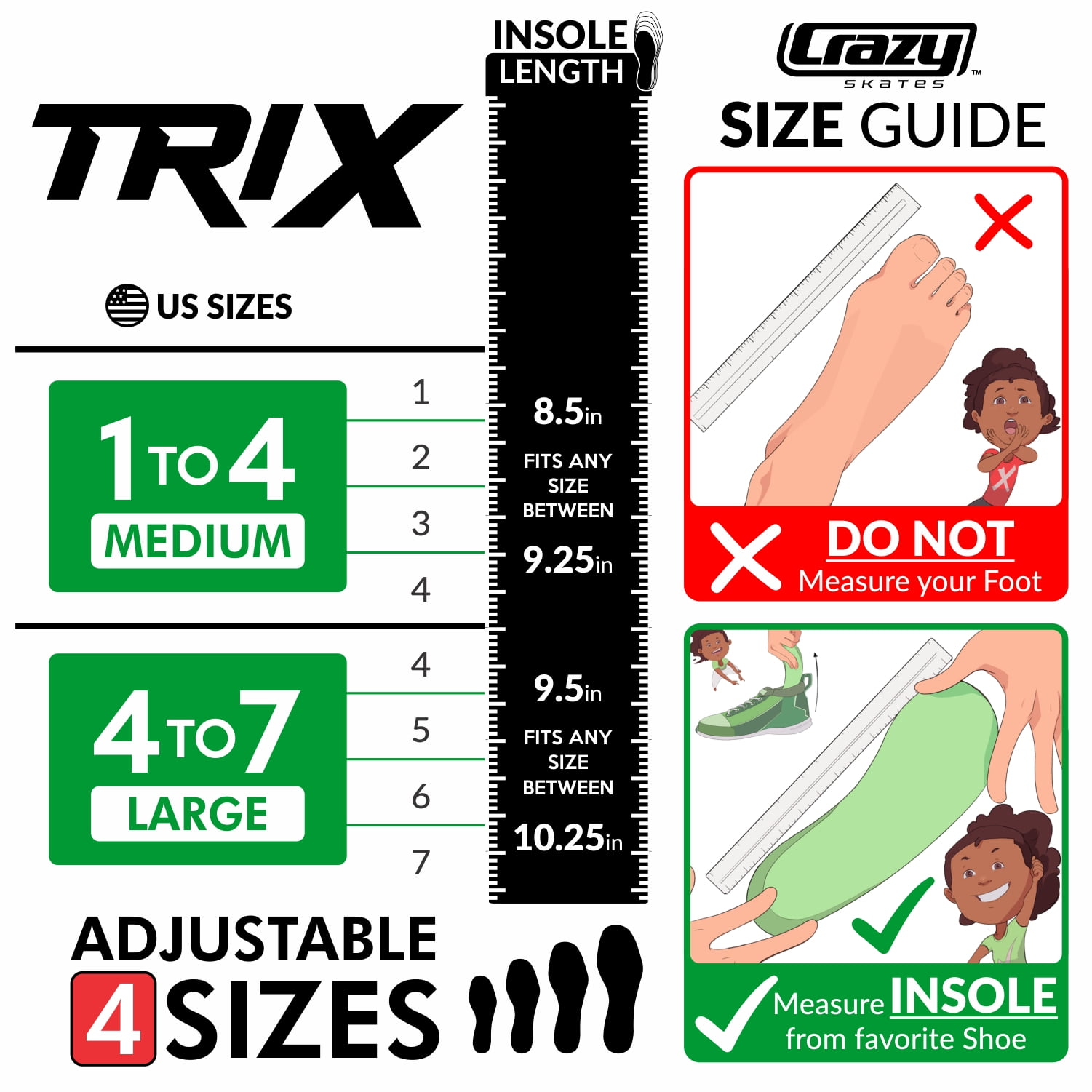 Crazy Skates Trix Size Adjustable Inline Skates with Light Up Wheels - Available with 3 or 4 wheels