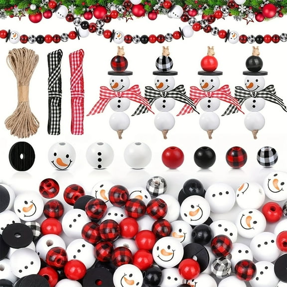 Christmas Wood Beads for Christmas DIY Crafts Decorations Winter Wooden Beads Christmas Beads Kits with Rope and Ribbon