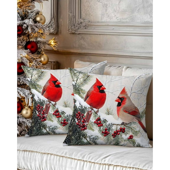 Christmas Decorative Throw Pillow Covers 20x20 Inch Set of 2 Christmas Cardinals Pillow Cases for Couch, Red Berry Winter Cushion Case for Living Room Bedroom Bed Car Chair