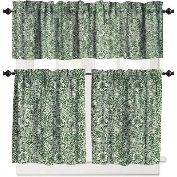 Vintage Floral Kitchen Curtains Valance,Natural Plant Leaves William Morris Floral Print Rod Pocket Curtains for Window Decoration 3 Piece Set
