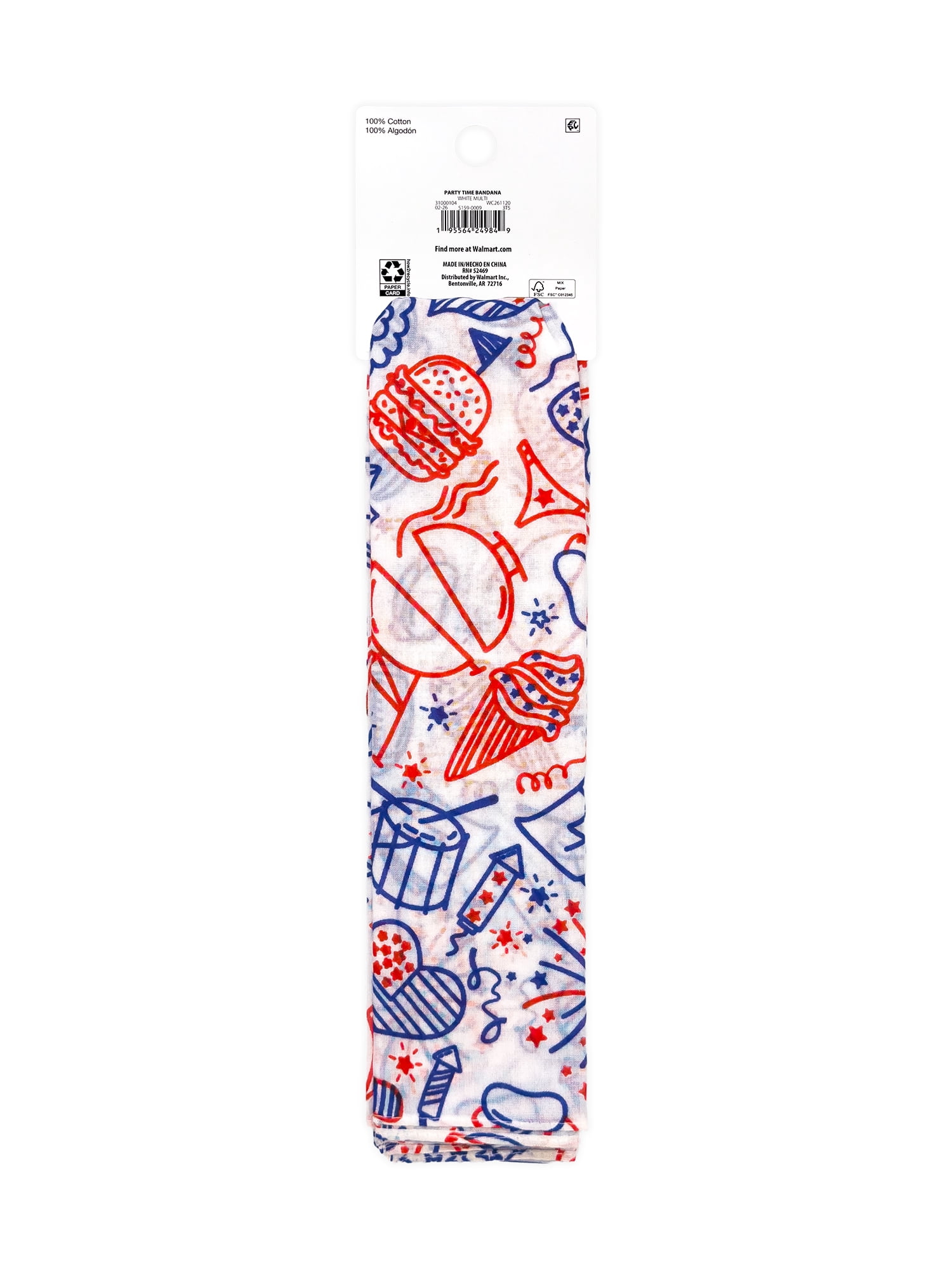 Fourth of July Women’s Party Time Bandana from Way to Celebrate, One Size, White/Multi
