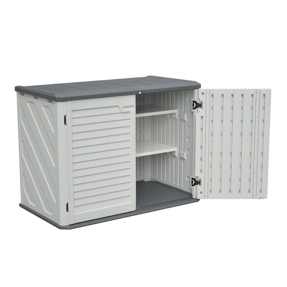 Horizontal Storage Shed with Removable Shelf, Large Lockable Outdoor Storage Cabinet, Weather-Resistant HDEP Plastic Storage Unit for Backyard, Patio, Garden – 28 Cu.ft, Ivory White