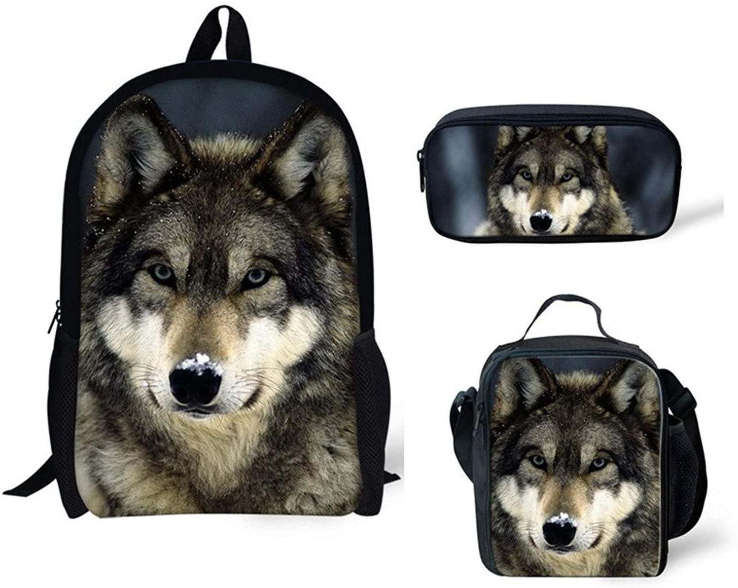 kids Backpack Boys Animal Wolf School Lunch Bags Kids Bookbags Mini Pen Case Set 