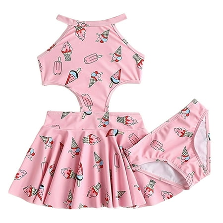 Toimothcn Swimsuit For Girls Short Sleeve Casual Ice Cream Printed 2 Peice Bikini Set Quickly Dry Cover Up Swimwear 12-18 Months