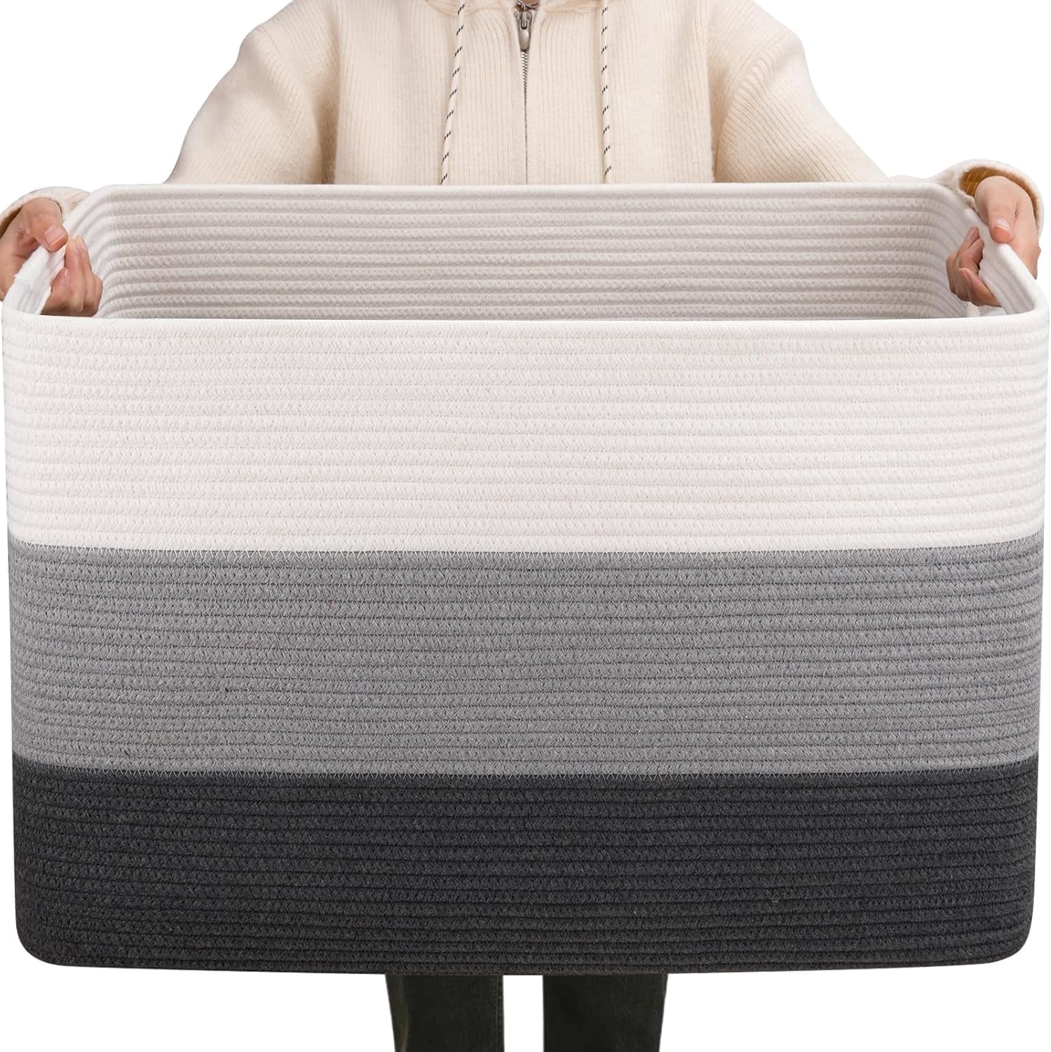 Large Blanket Basket for Living Room,75 L Rectangle Toy Storage Basket for Nursery Room, Woven Rope Storage Box with Leather Handle,Gradient Linen,Gray