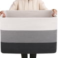 thumbnail image 6 of Large Blanket Basket for Living Room,75 L Rectangle Toy Storage Basket for Nursery Room, Woven Rope Storage Box with Leather Handle,Gradient Linen,Gray, 6 of 10