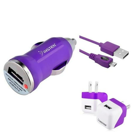 Ac Wall Home Adapter Car Insten Purple Travel AC Home Wall + Car USB Charger Adapter + 10FT 10' Long Cable For Android Smartphone LG Aristo K7 K8 G Stylo 3 2 Stylus Plus Samsung Galaxy J7 J5 J3 J1 S7 S6 S5 (3-in-1 Accessory) ()
