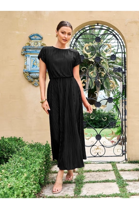 Women Maxi Dresses Cocktail Party Wedding Guest Formal Pleated Long Dress Short Sleeve Slit Empire Waist Evening Gown