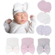 Newborns Baby Girl Caps and Scratch Mittens Infant Bow Hat No-Scratch Mitts Set Nursery Beanie