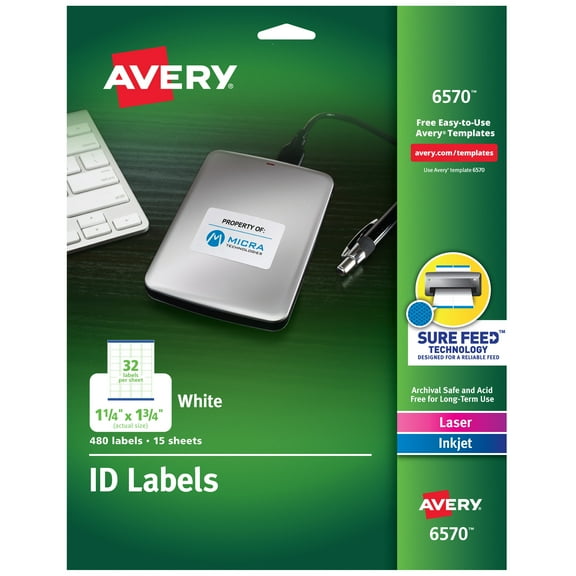 Avery ID Labels, Sure Feed, 1-1/4" x 1-3/4", 480 Labels (6570)