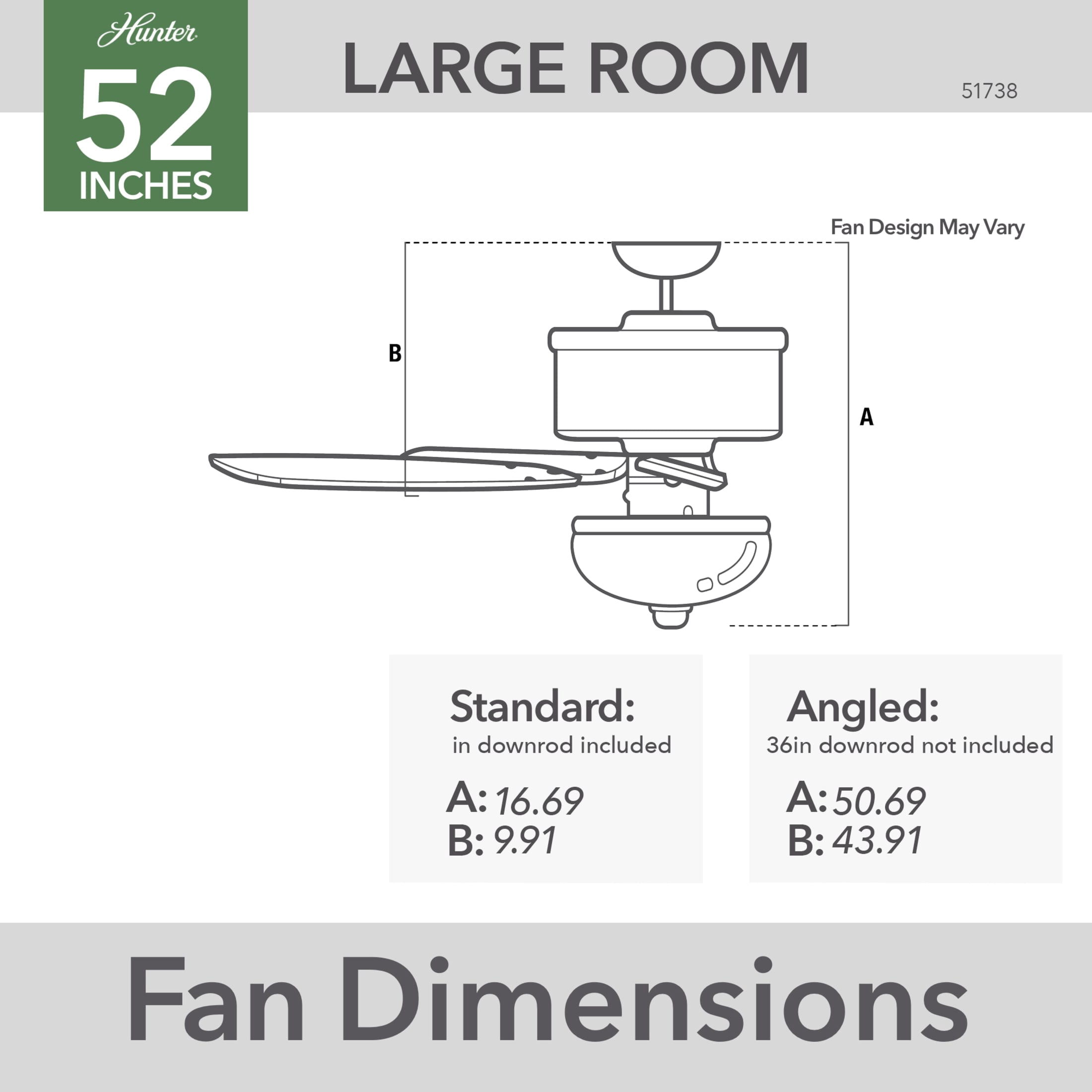 Hunter 52 inch Indoor Ceiling Fan with LED Light - Black Ceiling Fan with Pull Chain, For Bedroom, Living Room, or Kitchen, Standard Mount, No Remote, 5 Blades - Swanson 51738, Matte Black
