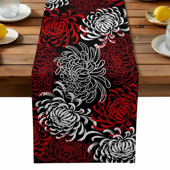 Red White Cotton Linen Table Runner for Dining Kitchen, Abstract Black Chrysanthemum Flower Floral Wedding Outdoor Party Tablerunners Decoration, Dresser Scarf Coffee Tablecloth Runners 13x60 Inches