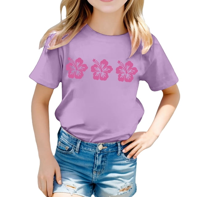MEZZALL T-Shirt pour Tout-Petites Filles à Imprimé Floral, Col Rond, Manches Courtes, T-Shirt Décontracté, Hauts Confortables, 3-4 Ans