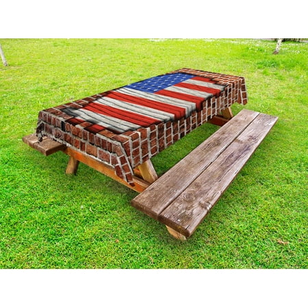 

USA Outdoor Tablecloth Fourth of July Independence Day Vintage Brick Wall Rustic Architecture Backdrop Decorative Washable Fabric Picnic Table Cloth 58 X 84 Inches Blue Red Brown by Ambesonne