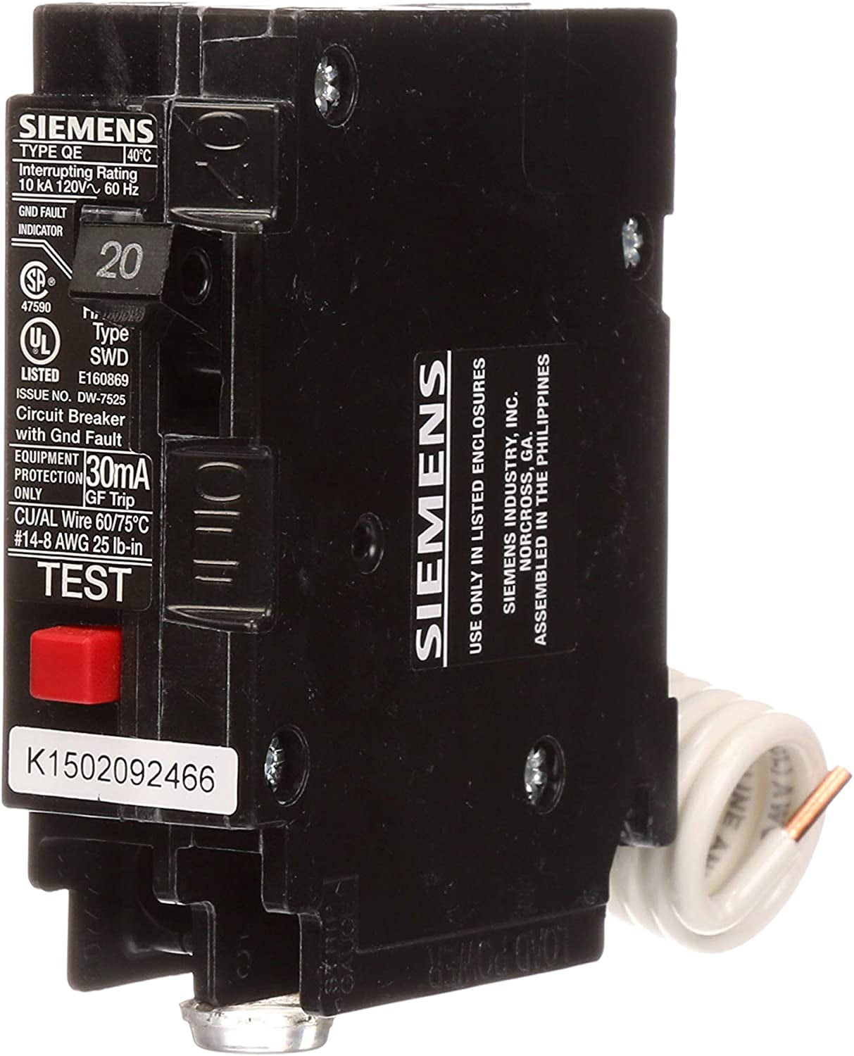 Siemens QE120 20Amp Single Pole 120Volt Ground Fault Equipment