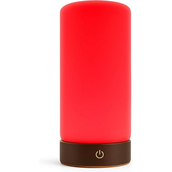 Rubi Red Light Therapy Lamp – 670nm Wavelength for Natural Sleep, Relaxation & Wellness | Adjustable Brightness for Bedroom Light | Elegant Glass & Wood Design | One-Touch Lamp Switch