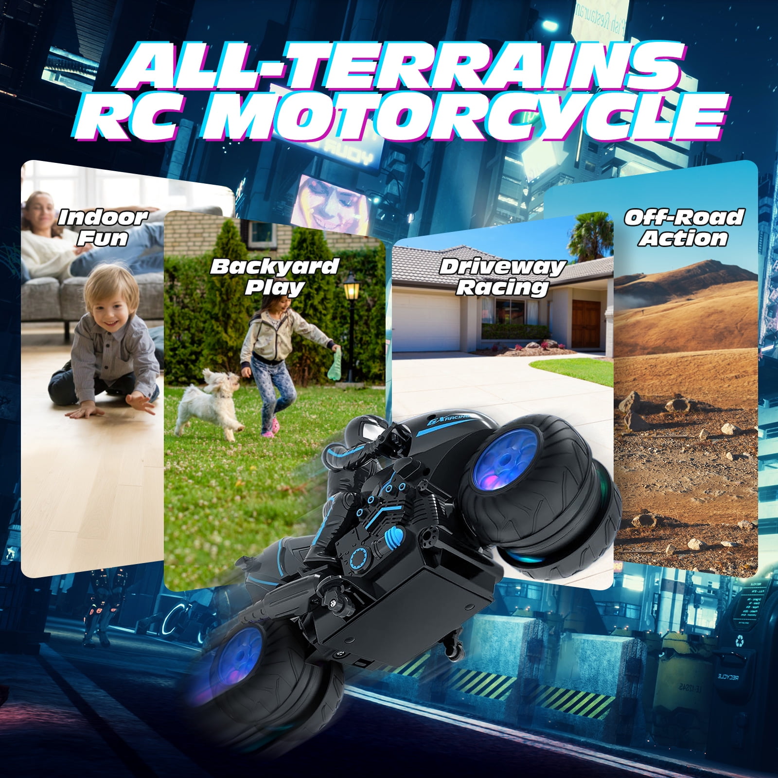 Tecnock RC Motorcycle, Remote Control Motorcycles with LED Lights, RC Cars Dirt Bike Toy, 360° Spins and Flips, Gift for Kids