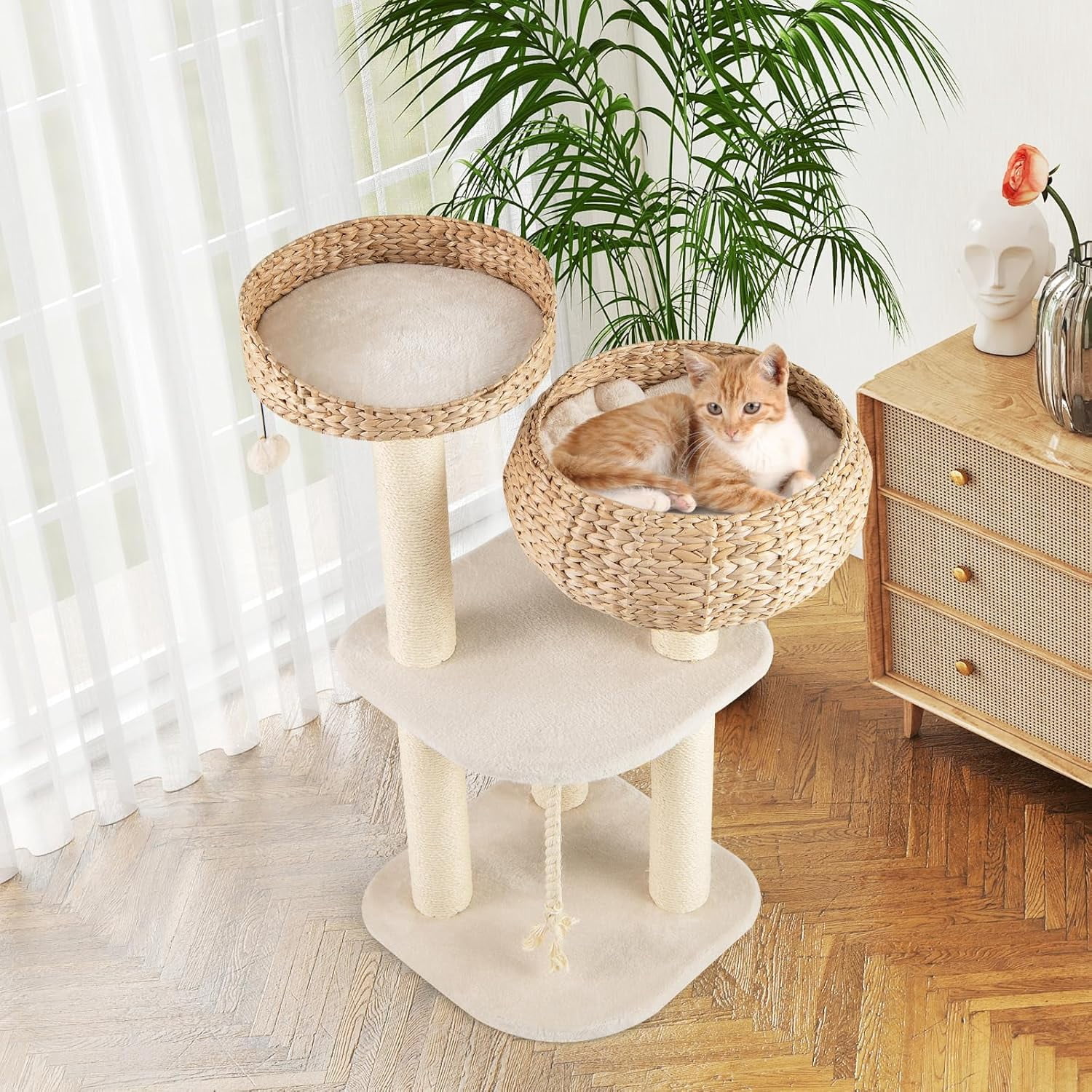 LEHOME Modern Cat Tree, Tall Cat Tower with Natural Sisal Scratching Post, Hand-Made Wicker Cat Condo & Top Perch, Funny Hanging Toy Ball, Cute Cat Tree Tower for Indoor Cats