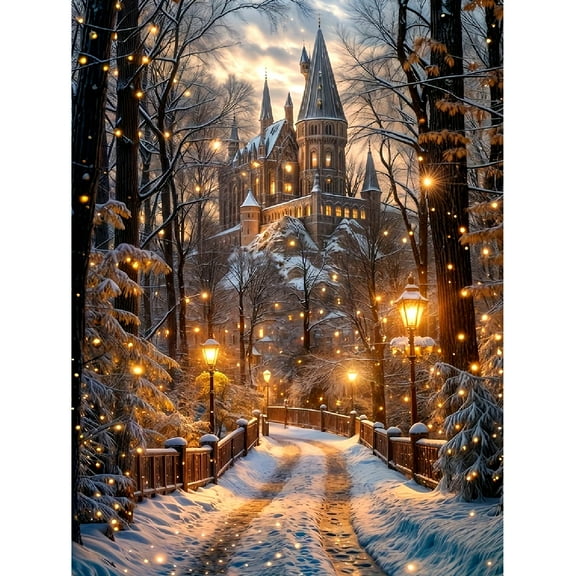 Diamond Art Painting Kits for Adults,Winter Castle 5D Diamond Painting Dots Art Kits for Adults Beginner, DIY Full Round Gem Crystal Art Paint by Diamond, Home Wall Decor 12x 16 in