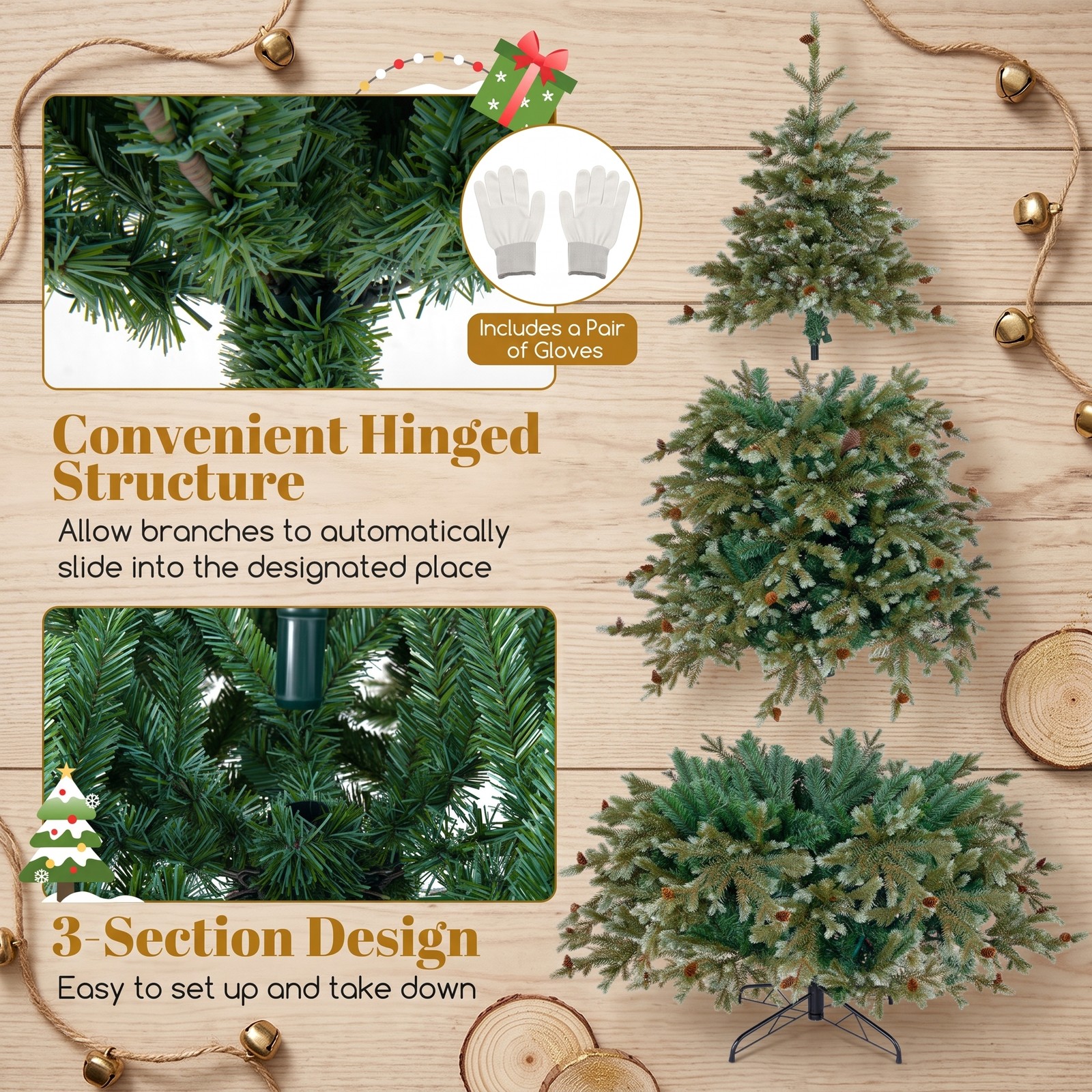 RUIE 7 FT Artificial Christmas Tree with 340 Warm White LED Lights and 69 Pine Cones, Pre-Lit Hinged Xmas Tree with Metal Stand for Home Office Holiday, Green