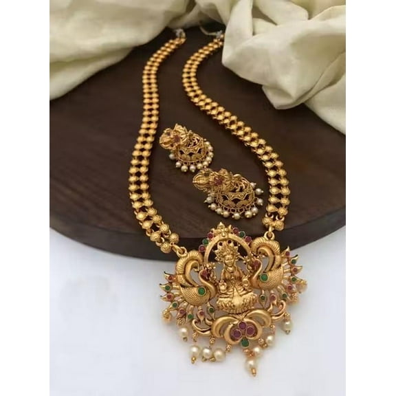 Traditional Goddess Lakshmi Peacock Design Temple Necklace Set with Earrings for Women
