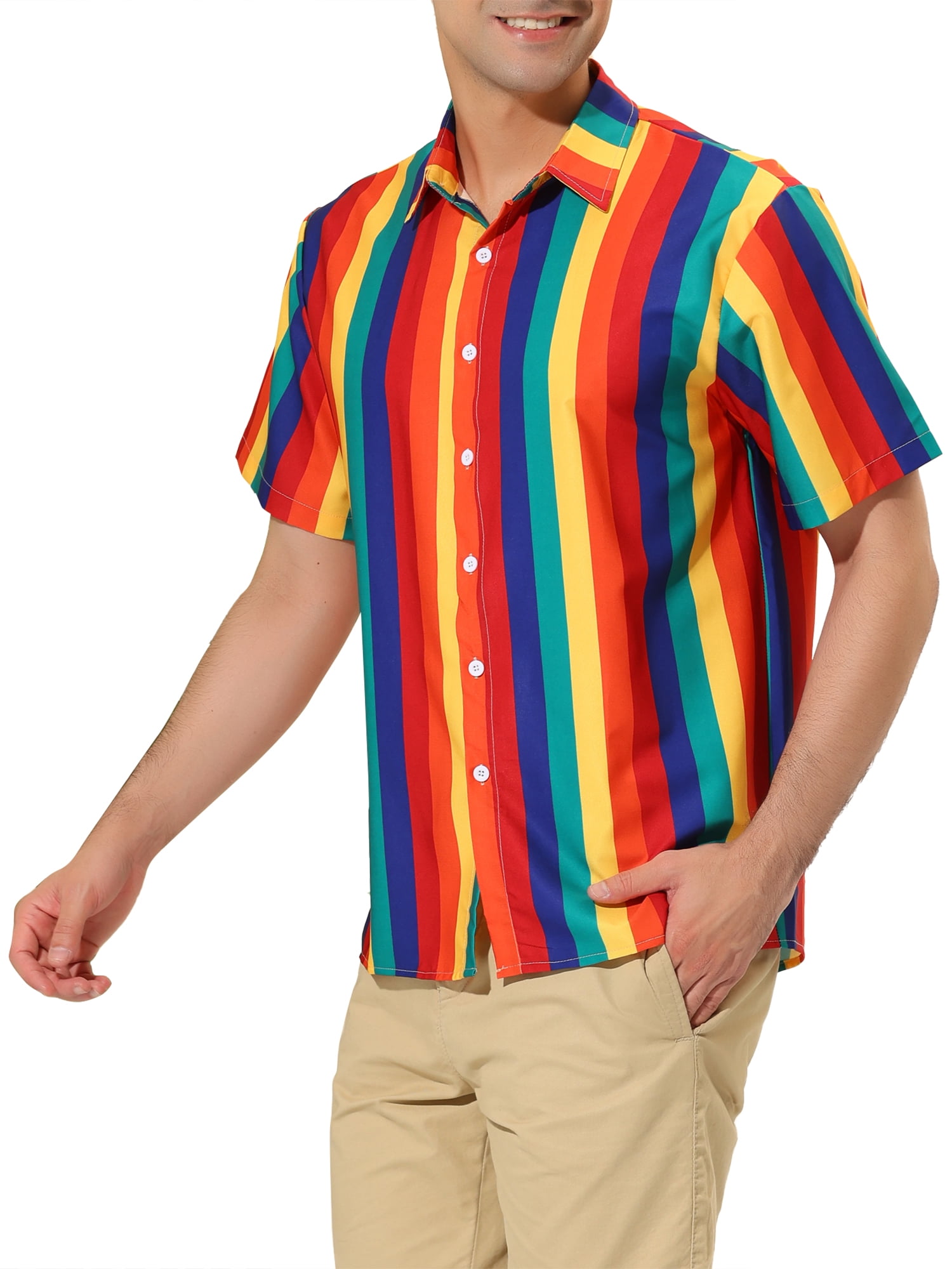 Unique Bargains Men's Summer Striped Shirt Short Sleeve Button Down Beach Shirts S Rainbow Yellow