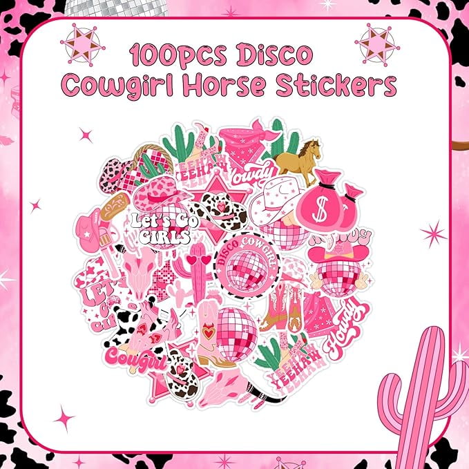 Serencatcher 100pcs Disco Cowgirl Stickers Decals, Lets Go Girls Party Favors Stickers for Water Bottle Skateboard Laptop, Yeehaw Stickers for Western Space Cowgirl Birthday Bachelorette Party Favors