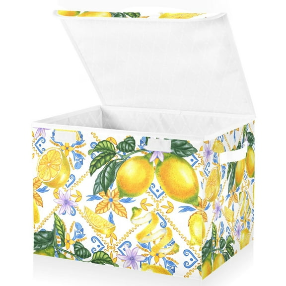 Large Lidded Foldable Storage Baskets Cubes Boxes Lids Bin for Home Bedroom Office Blue Boho and Yellow Lemons