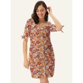 thumbnail image 5 of DressBerry Women's Printed Cotton Flex Dress Casual Summer Tie Up Elbow Sleeves Above Knee Length High Waist Square Neck Buttoned Front Western Style Light Weighted Straight Cut Short Dress, 5 of 7