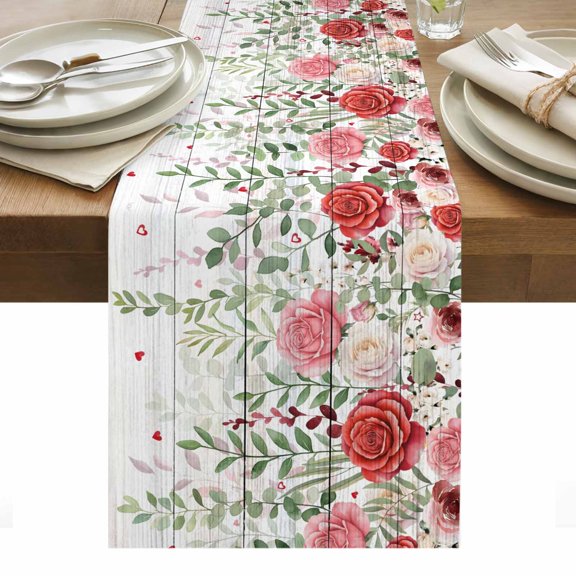 Pink Spring Floral Table Runner - 90 Inch Long, Kitchen Dining Table Runner Dresser Scarves, Weeping Romantic Flowers Wooden Farmhouse Decor for Coffee Tables Wedding Party Banquet