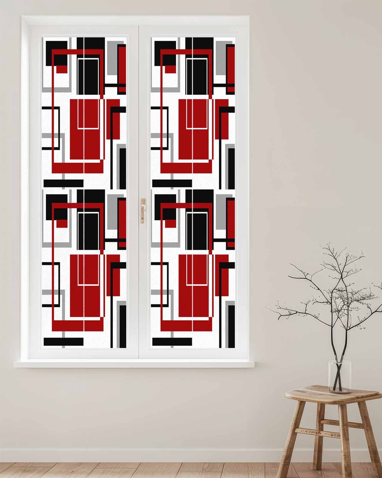 Window Privacy Film Red Black Geometric Stained Glass Window Film Decorative Sun Block Window Cover Contemporary Gray Abstract Stripes Window Clings Static Adhesive Sticker for Bathroom 17.7"x78.7"