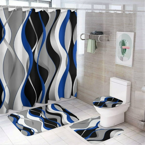 Stereo Abstract Line Gradient Shower Curtain Sets Non-Slip Rugs Bath Mat Toilet Cover U Shaped Mat 4 Pcs