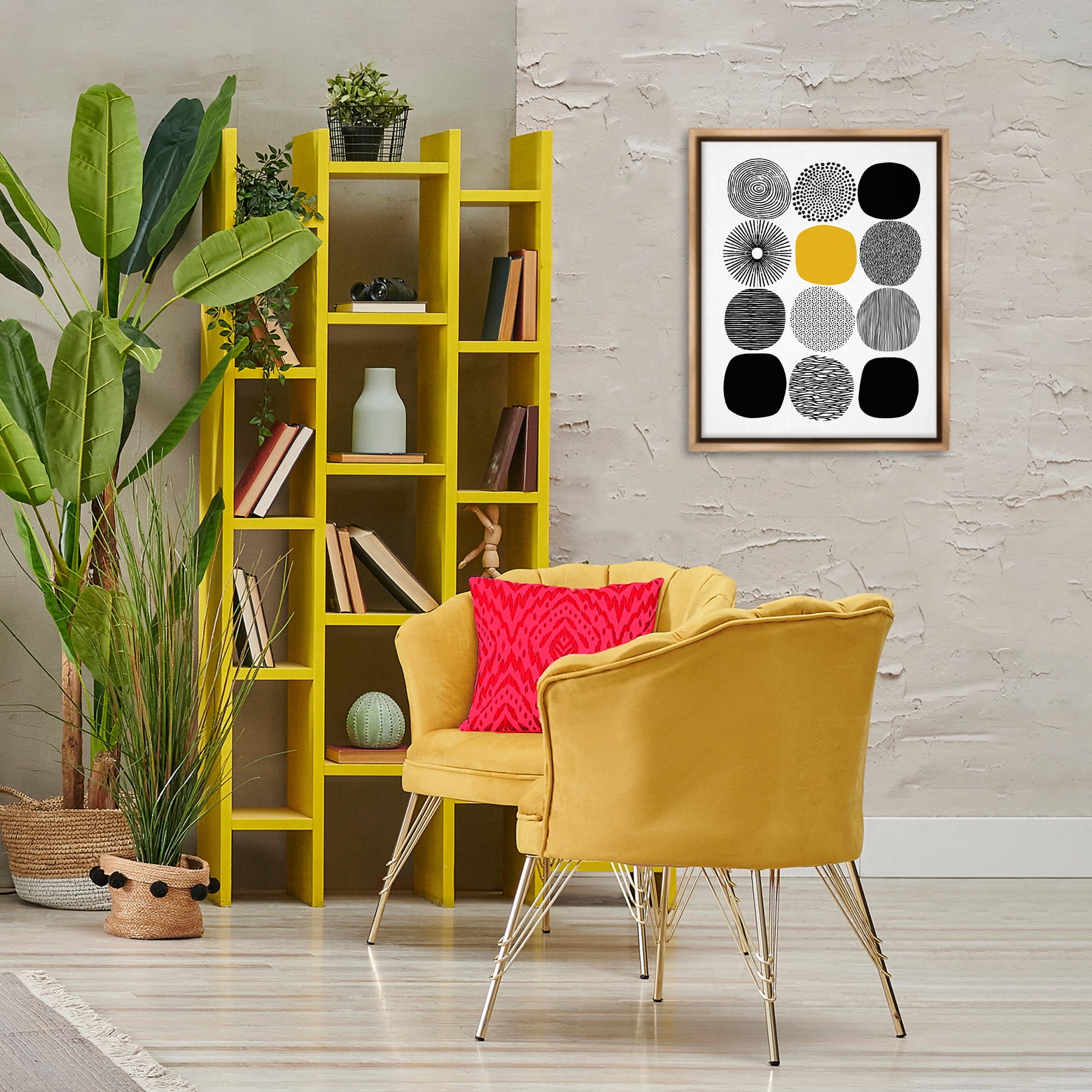 Stupell Industries Patterned Circles Yellow Accent Abstract Painting Brown Floater Framed Canvas Art Print Wall Art, 17 x 21