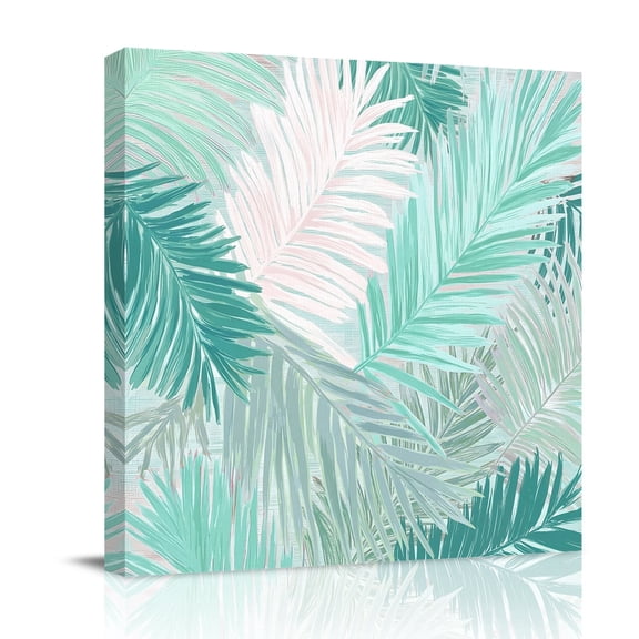 Canvas Wall Art Green Teal Palm Leaves Canvas Art Print Summer Tropical Botanical Coastal Pictures Wall Decor for Living Room Bedroom Artwork Decorations Stretched Framed Ready to Hang 16"x16"